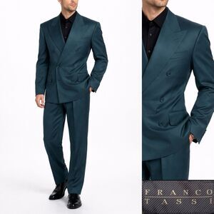 Franco Tassi 2-Pcs Suit Double Breasted Jacket Blazer Solid Sz 44L Pants 32X35